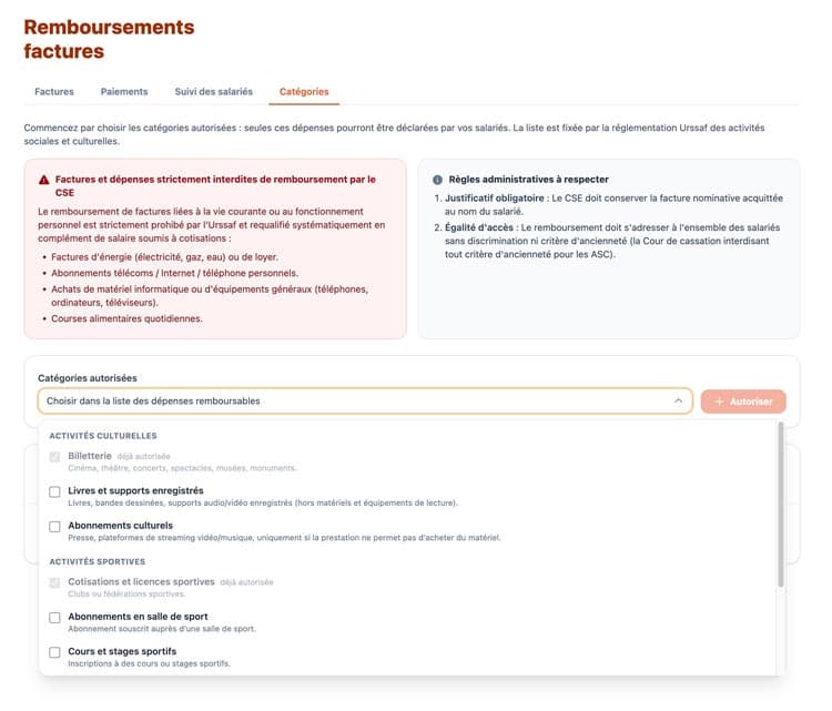 Module Remboursement de facture : Choix des catégories