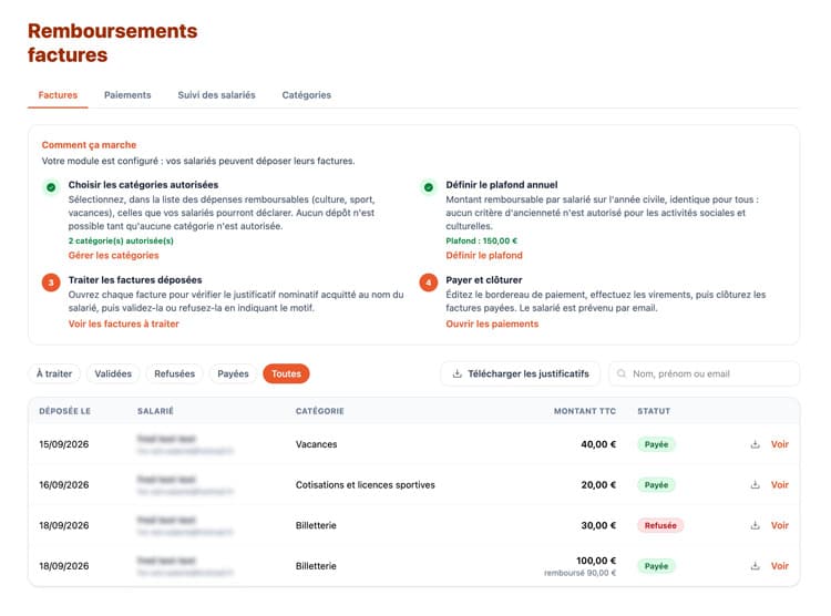 Module Remboursement de facture : Listing des salariés