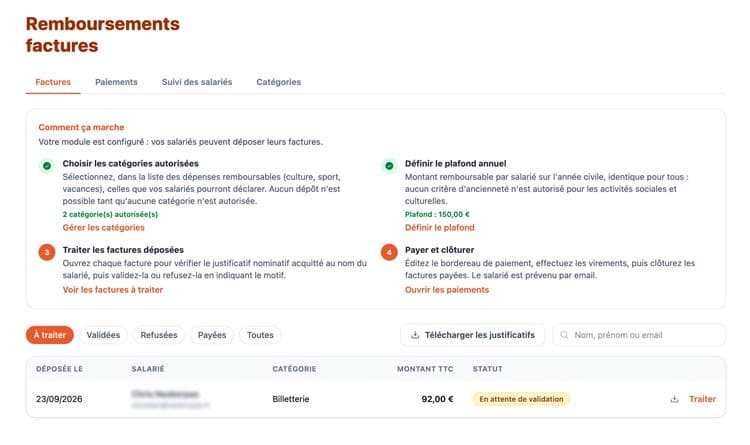 Module Remboursement de facture : Factures à traiter