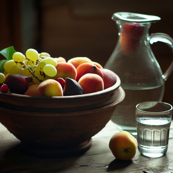 p'tit dej idéal avec de bons fruits et de l'eau